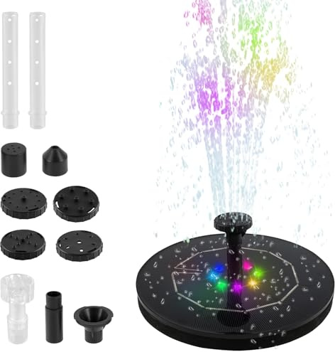 Solar Wasserbrunnen, Solar Springbrunnen mit LED-Licht, Solar Vogeltränke Springbrunnen Pumpe, Solarbetriebener Brunnen mit 8 Düsen, Solar Wasserpumpe für Teich Fisch Tank Outdoor
