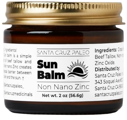 Santa Cruz Paleo, Beef Tallow Sun Balm with Non-Nano Zinc Oxide, Sunscreen Free, Unscented, Natural Mineral Sun Protection for Face & Body, Acne Safe, Moisturizer, Non Comedogenic, Organic Balm, 2 Oz