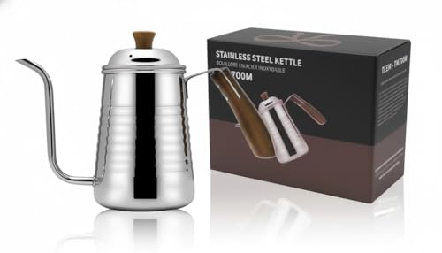 Small & Elegant Stainless Steel Gooseneck Kettle with Wooden Handle and Gift Box – 700ml (24oz) Pour Over Coffee & Tea, Precision Spout for Water Flow Control, Stainless Steel, Durable Polished Finish