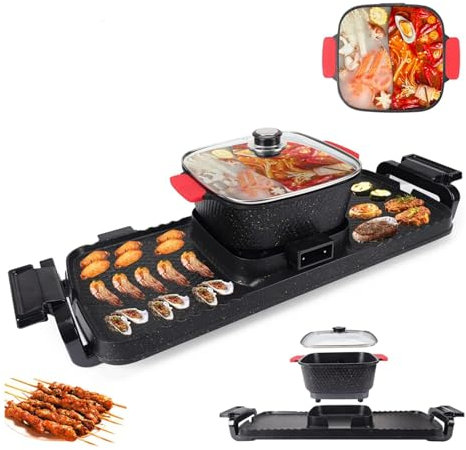 Barbacoa eléctrica 2 en 1, 1100 W + 2200 W, olla caliente multifuncional para barbacoa, olla caliente coreana de aluminio fundido, antiadherente multifuncional, doble control, shabu shabu, olla