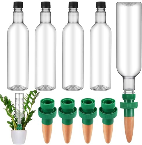 SiliFine 4 Set Plant Watering Devices Include Self Watering Spikes and 26 oz Plastic Bottles Plant Waterer Devices with Adjustable Control Valve Switch Indoor Outdoor (Clear)