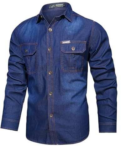 Jeanshemd Herren Oversize - Jeans Hemd Herren Langarm Button Down Hemdjacke mit Doppelte Brusttaschen Casual Cowboy Hemden Regular Fit Herrenhemd Mode Freizeithemden für Männer Westernhemd