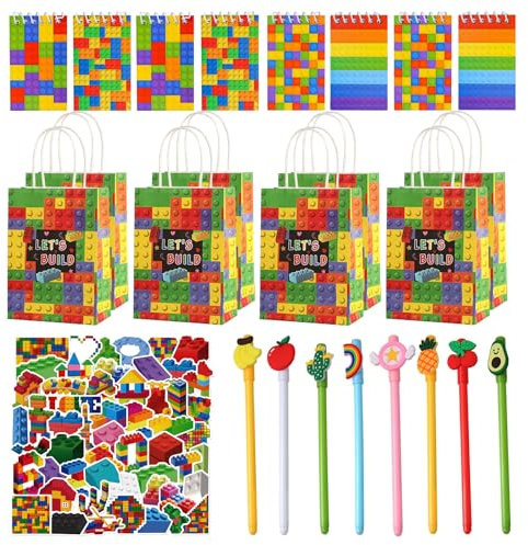 74 st byggstenar presentpåsar barnfödelsedag, byggstenar födelsedag med gelpennor anteckningsbok presentpåse klistermärke present till barns födelsedag, byggklossar Give Aways regnbåge party gåvor