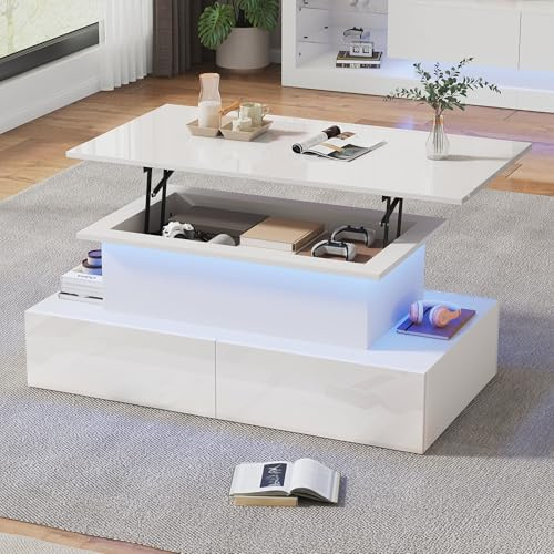 BTM Rectangular High Gloss Coffee Table with 4 Drawers, Lift Top Coffee Table with Storage and LED Lights, 90x55x42.5 cm, White