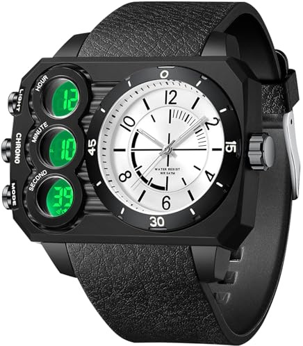 findtime Eckige Uhren Herren Digital Analog Große Armbanduhr Militär 5ATM Wasserdicht Sportuhr Herren Outdoor Tactical Watch Stoppuhr Coutdown 12/24H DREI Zeitzonen Luxus Uhr für Männer