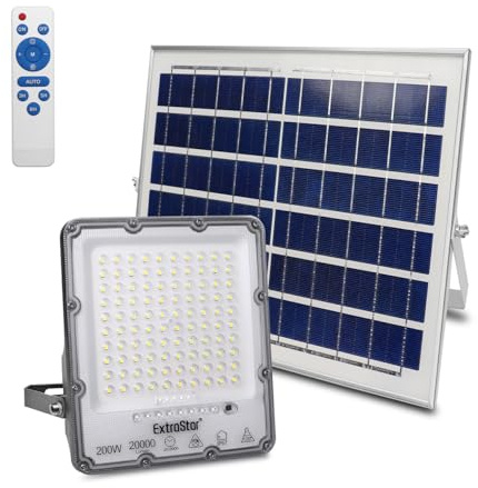 EXTRASTAR Solar LED Strahler 200W, Solar-Flutlicht mit Fernbedienung und Automatisches Licht Ein/Aus 6500K Kaltweiß, IP67 Wasserdicht für Garten, Außenbereich (1 Stück)
