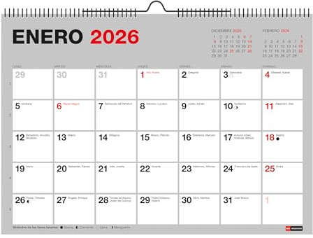 Miquelrius - Grundläggande väggkalender 2026, årlig organisatör 210 x 150 mm, med plats att kommentera, dubbel spiralbindning, 12 månaders planerare spanska