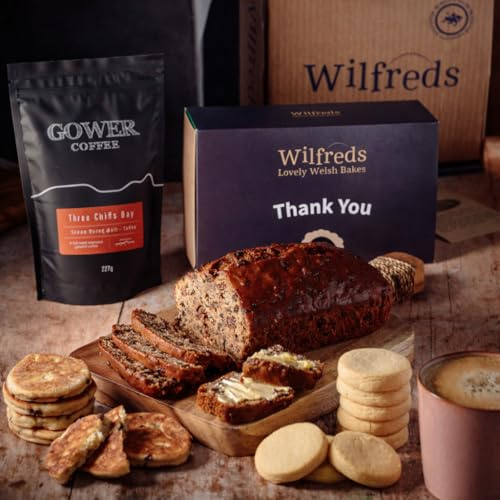 Wilfreds Welsh Coffee Gift Set – Luxury Hamper with Gower Coffee, Bara Brith Loaf, Welsh Cakes & Shortbread – Gifts for Men & Women (Thank You Sleeves)