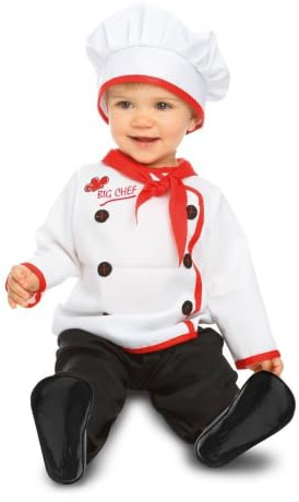 My Other Me - Costume da cuoco unisex con cappello, fazzoletto, giacca e pantaloni in bianco e rosso, taglia 7-12 mesi. Dolce come un cupcake appena sfornato