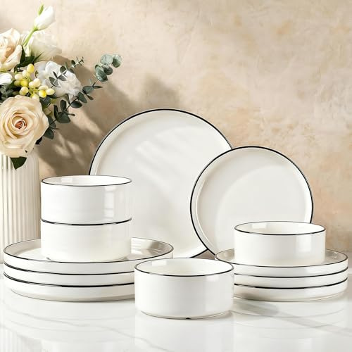 Richmount - Servicio de mesa 12 piezas de porcelana para 4 personas, Juego de platos con borde moderno elevado, Compatible con microondas y lavavajillas, Blanco con borde negro