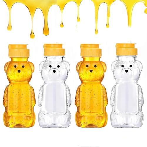 Shibida 4 Stück Honigspender,350ml Bär Honigspender,Honigflaschen Wiederverwendbares Honigglas Quetschflasche Honiggläser Klare,Honiggläser Gastgeschenk,Ideal for Honey,Syrup,and Sauces in Kitchen
