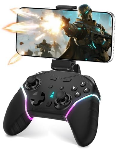 Mobile Gaming Controller for iPhone/iOS/Android/Switch/Laptop, Wired Control for PC/Steam, Wireless Phone Controller Gamepad with Programmable/Vibration/6-Axis Gyro/Turbo/RGB Light(with Phone Clip)