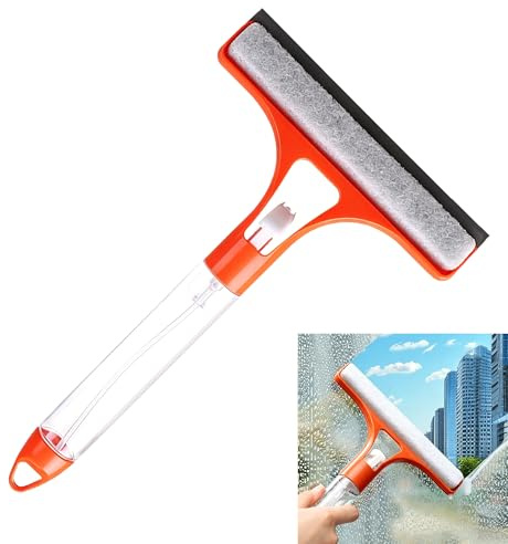 Smaoqingji Escurridor de Ventanas con Pulverizador - 1 Unidad, Naranja, Rascador Limpieza Ventanasu 3 en 1, Apto para Ventanas, Parabrisas, Espejos, Azulejos, Mamparas de Ducha, etc