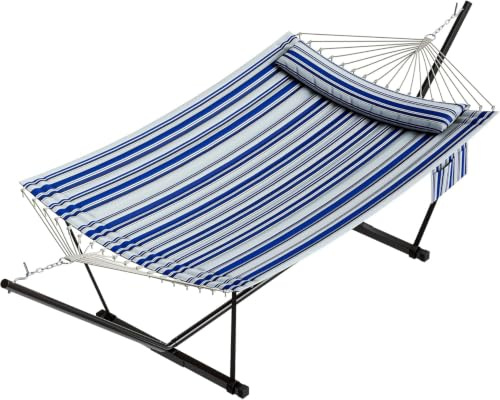 XXL Doppel-Hängematte mit Stahlgestell, Kissen und Spreizstab, Baumwollseil Hängematte beige, belastbar bis 226 kg für Garten Terrasse Außenbereich
