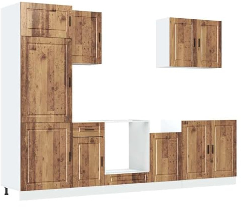 WRJENFSC Porto - Juego de muebles de cocina con efecto de madera envejecida, 7 piezas, con espacio para fregadero, horno y armario colgante, patas ajustables, sin encimera