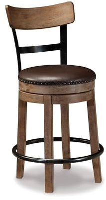 Signature Design by Ashley Pinnadel Bar Stool, Swivel Counter Height Stool Chair With Faux Leather Seat, Wood and Metal Frame for Kitchen Island With Seating, Light Brown