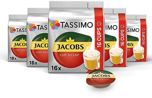 Tassimo Kapseln Jacobs Café au Lait, 80 Kaffeekapseln, 5er Pack, 5 x 16 Getränke