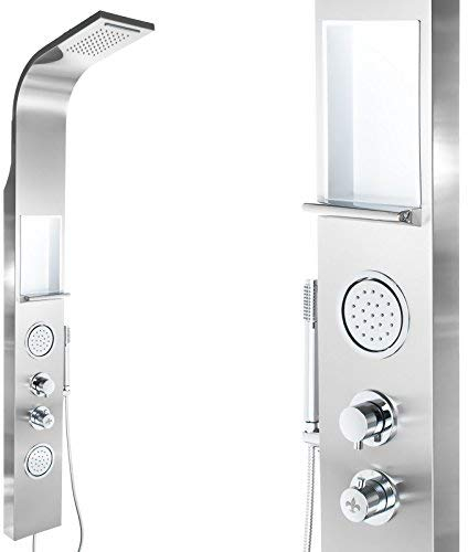 Steinkirch Duschpaneel SK-423S Edelstahl Duscharmatur Regendusche Duschstange mit Duschkopfhalterung Regenduschkopf Dusche mit Körperdüsen Handbrause & integrierter Ablage Duschsystem