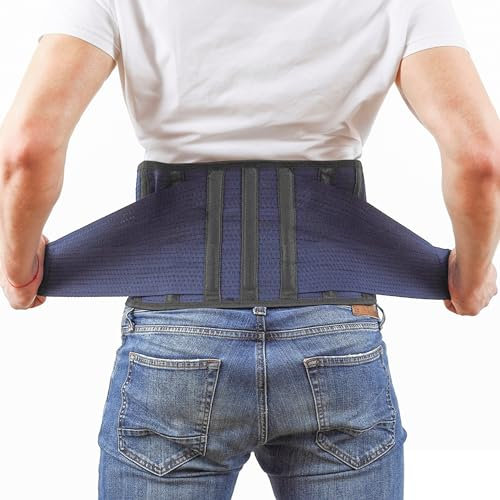 AVESTON Back Support Lower Back Brace for Back Pain Relief: Thin Breathable Rigid 6 ribs Adjustable Lumbar Support Belt for Men/Women Keeps Spine Straight and Safe – Belly size 32-37 Medium