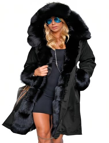 Aox Women Abrigo de invierno de piel sintética con capucha cálida y gruesa para mujer, casual, talla grande, abrigo para exteriores, Piel sintética negra., 42
