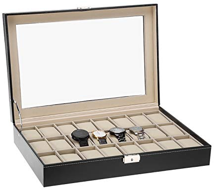 Uten Uhrenkasten 24 Uhren, Uhrenbox Herren Aufbewahrungsbox mit Metallschloss, Schlüssel und herausnehmbaren Uhrenkissen,Geschenkidee Watch Box Schwarz