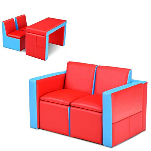 Costzon Kids Couch, 2 in 1 Double Seat Children's Sofa Convert to Table and Two Chairs for School, Storage Space, PVC Surface, Large Soft Kids Preschool Sofa Couch for Boys Girls Gifts (Red)