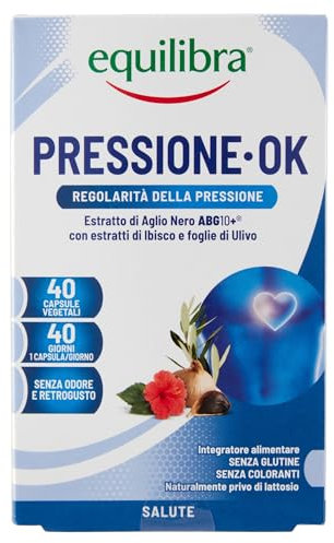 Equilibra Integratori Alimentari, Pressione Ok, a Base di Aglio Nero ABG10+, Fiori di Ibisco e Foglie di Ulivo, Senza Odore e Retrogusto, Pressione Arteriosa Regolare, 40 Capsule Vegetali