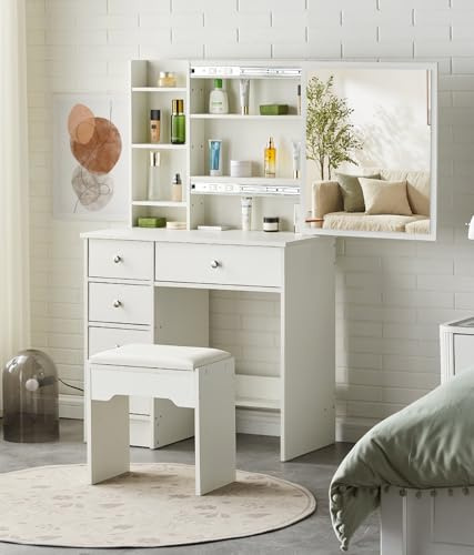 TUKAILAi White Vanity Dressing Table Set Corner Makeup Desk with 5 Drawers, 1 Slide Mirror, 7 Shelves and Stool Bedroom Furniture