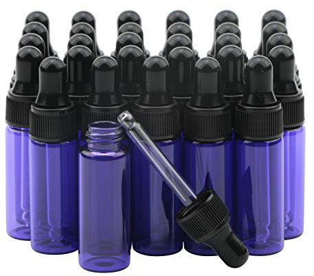 Rowiz 30 st 5 ml små droppflaskor eterisk olja glasflaska, lotionparfym provflaskor med glasögondroppare och svarta lock rosa flaska. (lila)