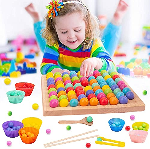 Meiruier Regenbogen Puzzle,Montessori Spielzeug ab 2 3 4 jahre,Holz Clip Beads Brettspiel,Montessori Brettspiel, Wooden Puzzle,Rainbow Bead Game Early Education Puzzle Brettspiel