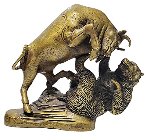 QTQHOME Wall Street Bull & Bear Schlacht Messing Statue,Kampf Gegen Stock Markt Bulle Und Bär Skulptur,Abstrakt Kunst Tischplatte Rinder Figur Finanzmakler Geschenk-Bär und stier 23x7x20cm(9x3x8inch)