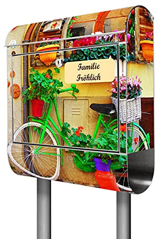 banjado® Briefkasten mit Standfuß personalisiert Motiv Grünes Fahrrad - Stand Briefkasten Edelstahl mit Zeitungsfach - Postbox/Postkasten A4 Einwurf inkl. Montagematerial & 2 Schlüssel