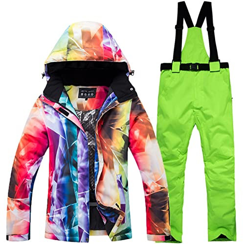 WYOUTDOOR Skianzug für Damen, Winterjacke und Skihose, bunt, Snowboard, Jacke und Hose mit Trägern, wasserdicht, mit Kapuze, Schneeanzug, Grün, M