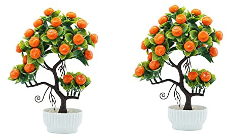QYLJZB Künstliche Mini-Topfpflanzen, 34 cm, künstliche Obst, Orangenbaum, Bonsai, künstliche Grünpflanze, mit weißem Kunststoff-Topf, für Zuhause, Tisch, Schreibtisch, Büro, Badezimmer-Dekoration, 2