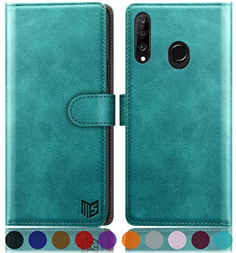 SUANPOT [RFID Schutz für Huawei P30 Lite Hülle PU Leder Handyhülle Lederhülle Klapphülle Kartenfach Flip Cover für Huawei P30 Lite Handy hülle Leather Wallet Phone Case Blau Grün