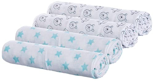 Brandsseller Baby Mullwindel 4er Set ca.77x73 cm Spucktuch Stoffwindeln 2 Designs 1x Blau Sterne und 1x mit Motiven