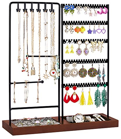 Vtopmart Jewelry Holder Organizer Stand Tree for Earring Necklace Ring Bracelets Display and Storage, with 90 Holes, 12 Hooks, Black+ Walnut