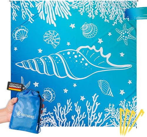 freemind® XXL Strandtuch 2 x 2 m aus Polyester - dünne, Wasserabweisende Stranddecke ohne Polsterung - Ultra kompakt, sandfrei, windfest - Mini Pocket Blanket - mit Tragebeutel, 4 Heringe, Karabiner