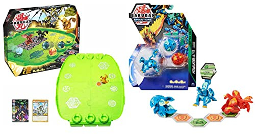 BAKUGAN Evo Battle Arena, zerlegbares Spielfeld in neongrün mit exklusivem Aurelus Leonidas & 'Evolutions' Starter Pack mit 3 Bälle (Ultra Aquos Howlkor, Basic Pyrus Pegatrix, Basic Aquos Colossus)