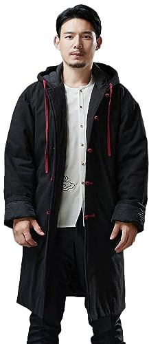Men's Winter Heavyweight Quilted Jacket Long Hooded Coat Traditional Chinese Tang Suit Style Overcoat (as1, alpha, xx_l, regular, regular, Black)