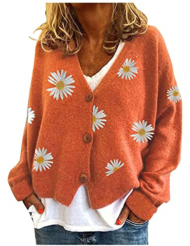 WVONIF Femmes Chaud Manteau de Finition Cardigans Impression à Manches Longues Sweat Col en V Recadrée Élégant Pull Haut Plaid Polaire (Orange-B, L)