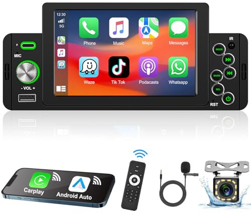 Podofo Autoradio 1 Din mit Bluetooth Android Auto, 5 Zoll Auto Radio Stereo mit Bildschirm Display, FM Unterstützung, Spiegel-Link, Schnellladung + Rückfahrkamera und Mikrofon