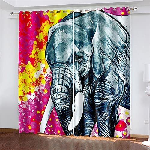 Vorhang, Kinderzimmer, 3D Gekritzel Elefant 140(B) X160(H) cm Kindervorhänge Mit Ösen, Polyestervorhänge, Wärmeschutzvorhang, Blickdichter Vorhang Mit Ösen, Kindervorhänge Für Wohnzimmer, Schlafzi