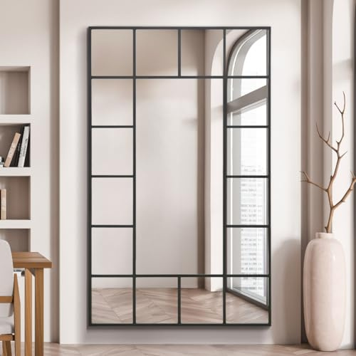 MirrorOutlet The Fenestra - Black Modern Modern Leaner and Wall Mirror 71 X 43 (180CM X 110CM) Silver Mirror Glass with Black Metal Frame. Landscape or Portrait.
