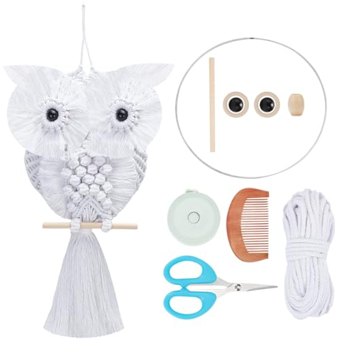 FREEBLOSS Makramee-Kit Eule mit Anleitung Makramee Wandbehang Ornament Boho Wandbehang Dekoration Makramee Wandteppich, reinweiß, Geschenk Makramee-Kit für Anfänger
