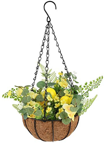 Plantas de Flores Artificiales Colgantes con Cesta, Macetero Colgante, Arreglo de Cesta con Flor de Margarita, Limón, Hojas de Eucalipto en Maceta, Macetero, Macetas de Jardín, Colgador para el(#1)