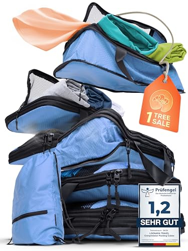 Packtaschen Kompression für Koffer und Rucksack [7-teilig] - mehr Platz im Koffer oder Backpack durch Kompression – Packwürfel Kompression (blau)