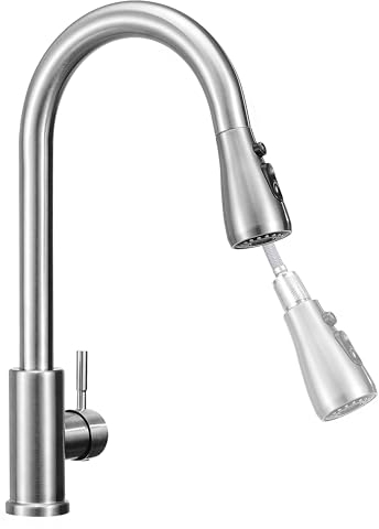 Robinet Cuisine avec Extractible Buse Rallonge 60cm, Douchette Evier Cuisine de Rotatif à 360°, Robinetterie 304 Acier Inoxydable Brossé, 3 Modes de Réglage du Débit D'eau Eau Chaude et Froide Réglabl