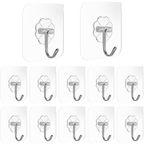 KINDOYO 12pcs Self Adhesive Heavy Duty Transparent Hooks - Nail Free Seamless Sticky Waterproof Adhesive Ceiling Wall Hooks for Kitchen Bathroom Office