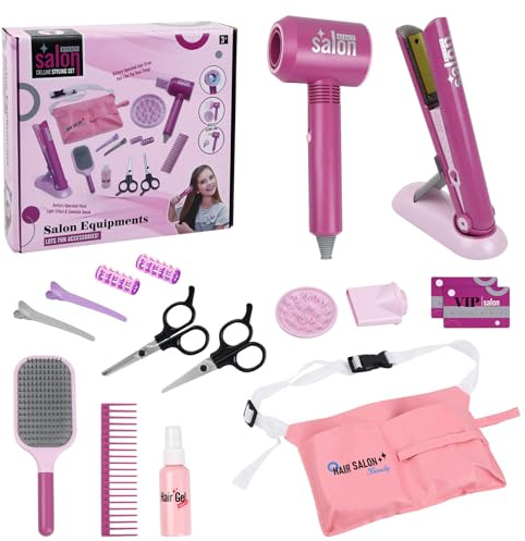 Focenat 15 Pezzi Set Parrucchiera Bambina Giochi, Salone di Bellezza Ragazze Gioco di Finta acconciatura con asciugacapelli e Altri Accessori, set da Gioco Parrucchieri per Bambini 3 4 5 6 7 8 Anni
